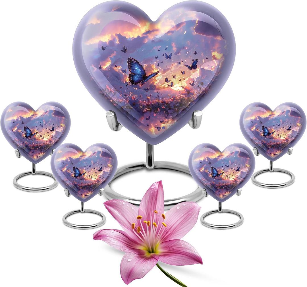 Twilight Butterflies Large Urn, Heart Urns for Adult Human Ashes Women/Men - Miniature Cremation Urns - Combo of 1 Large Urn (8") with Velvet Bag and 4 Mini (3") Keepsakes - Butterfly Ash Keepsake