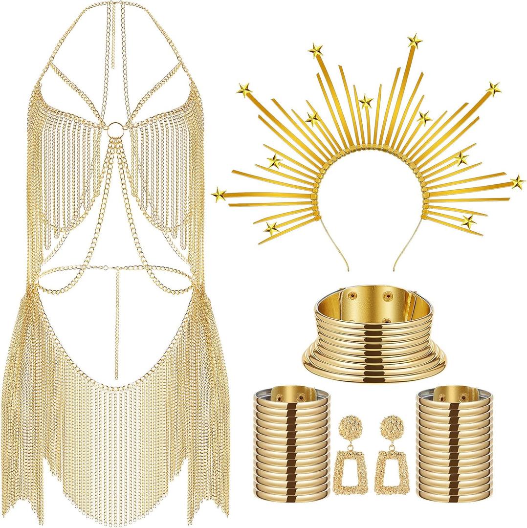 Sureio African Vintage Jewelry and Gold Full Body Chain Set for Women, Indian Belly Chain Dress, Egypt Choker Bracelet Earrings Mary Crown Headpiece for Maternity Shoot, Cosplay Costume