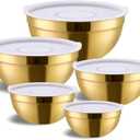 Gold Mixing Bowls with Airtight Lids, Stainless Steel Nesting Mixing Bowls Set of 5, Ideal for Baking, Prepping and Serving Food, Size 5.5, 3.6, 2.7, 2.1, 1.5, QT, Stackable Design