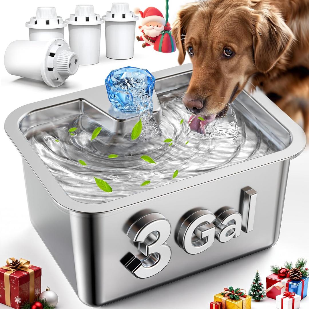 Large Dog Water Fountain Stainless Steel,3 Gallon Extra Big Pet Water Fountain for Large Dogs with 4 Filters, Automatic Dog Bowl Dispenser, Easy to Clean, Quiet Pump