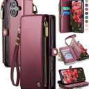 Defencase Compatible with iPhone 16 Case Wallet with RFID Blocking Card Holder for Women and Men, Fashion PU Leather Magnetic Snap Flip Zipper Strap Wallet Phone Case for iPhone 16 6.1", Wine Red