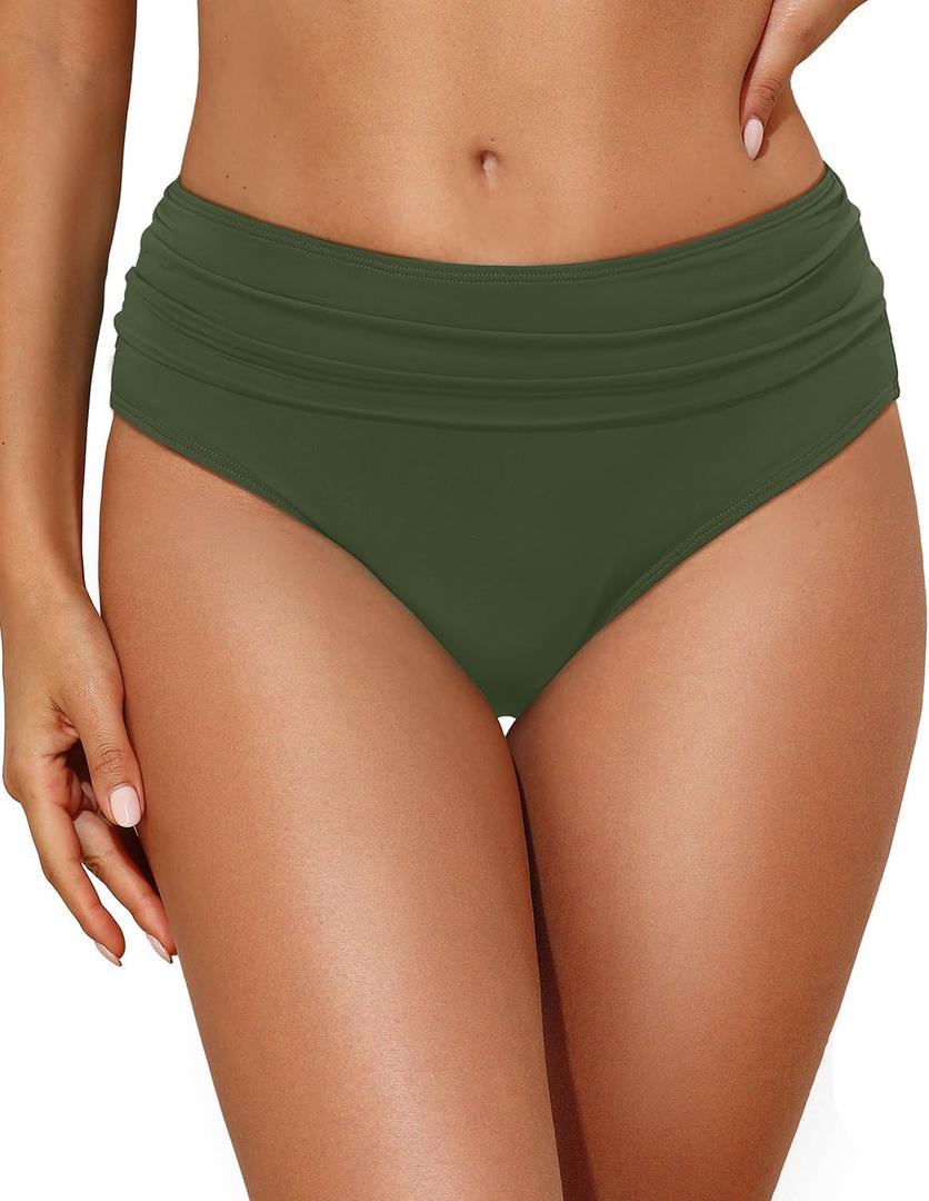 Tempt Me Women Mid Rise Bikini Bottoms Full Coverage Swimsuit Ruched Scrunch Swim Bottom (Gray, L)