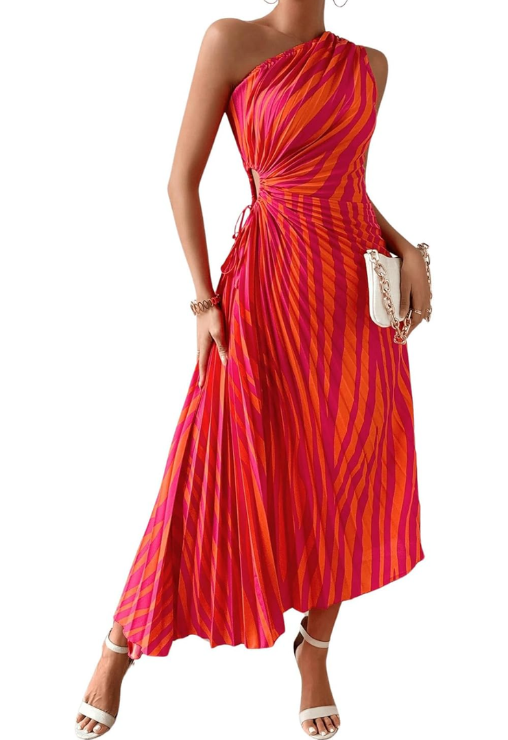 MakeMeChic Women's Casual Striped Cut Out One Shoulder Sleeveless High Waist Summer A Line Maxi Dresses XL