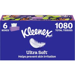 Kleenex Ultra Soft Facial Tissues, 6 Flat Boxes, 180 Tissues per Box, 3-Ply (1080 Total)