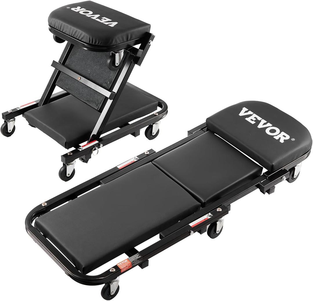 VEVOR Foldable Z Garage Creeper, 40 in, 450 lbs Load Capacity Rolling Folding Mechanic Creeper Stool, with 6 Universal Wheels Padded Seat Steel Frame, Lay Down or Sit Chair for Garage Shop or Home (Black)