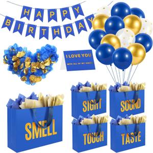 5 Senses Gift Bags For Him With Labels Tissue Paper and Handles, Comes With Birthday Decoration Rose Petals and Happy Birthday Banner Balloons for Christmas (Blue Gold, 12.6 x 8.7 x 4 inch)