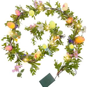 6FT Easter Garland for Mantle, Spring Garland with Eggs Flowers, Lighted Faux Greenery with Timer for Summer Fireplace Outdoor Decorations (6FT-flower)