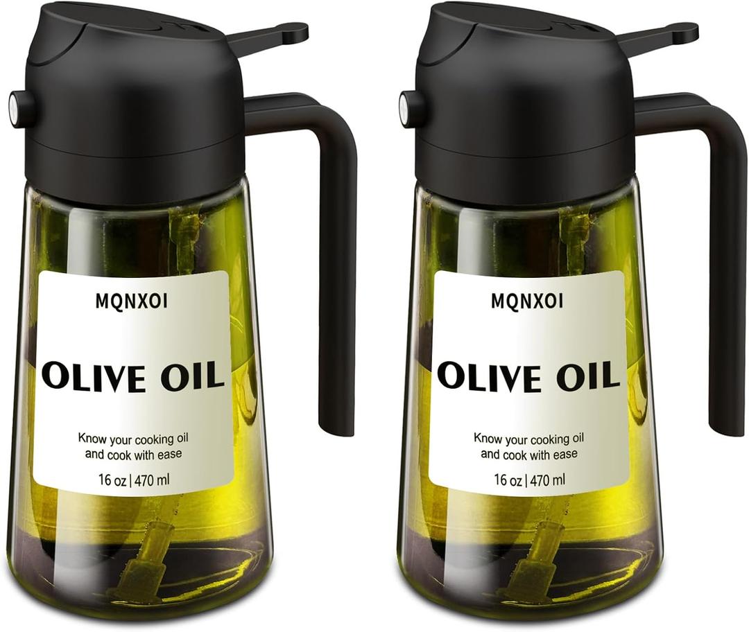 mqnxoi 2 in 1 Glass Oil Sprayer & Dispenser,16oz/470ml Olive Cooking, Air Fryer, and Salad, for Kitchen Gadgets and Air Fryer Accessories, w/Stickers (Black + Dark Green Bottle 2)