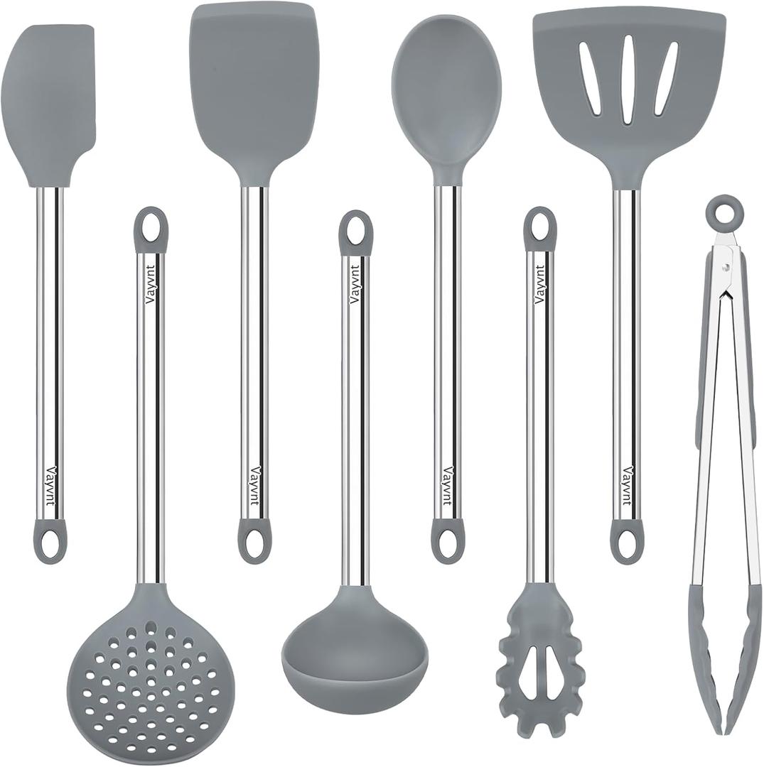 8 PCS Cooking Utensils Set, Vayvnt Silicone Kitchen Spatula Set for Cooking, Non Toxic Silicone Kitchen Utensils with Stainless Steel Long Handle, Spoon and Tong, Heat Resistant&Dishwasher Safe, Gray