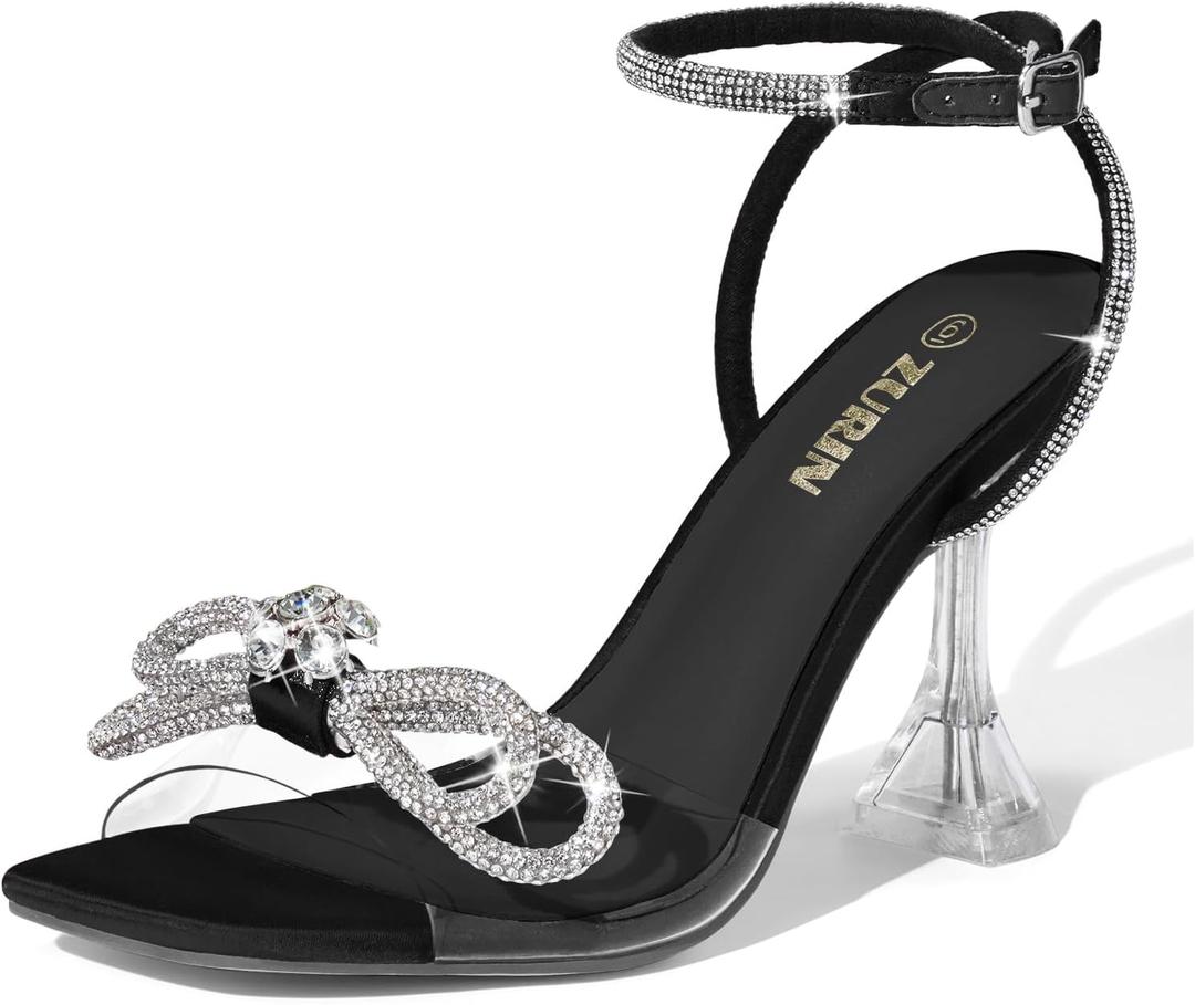 ZURIN Women's Rhinestone Bow Heels Square Toe Clear Heeled Sandals Slingback High Heels Dress Party Evening Prom Crystal Shoes (11)