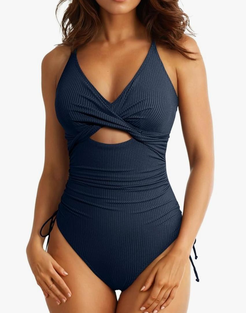 Aleumdr Women's Ribbed One Piece Swimsuit Tummy Control High Cut Bathing Suit Sexy V Neck Criss Cross Monikini 2XL, Navy