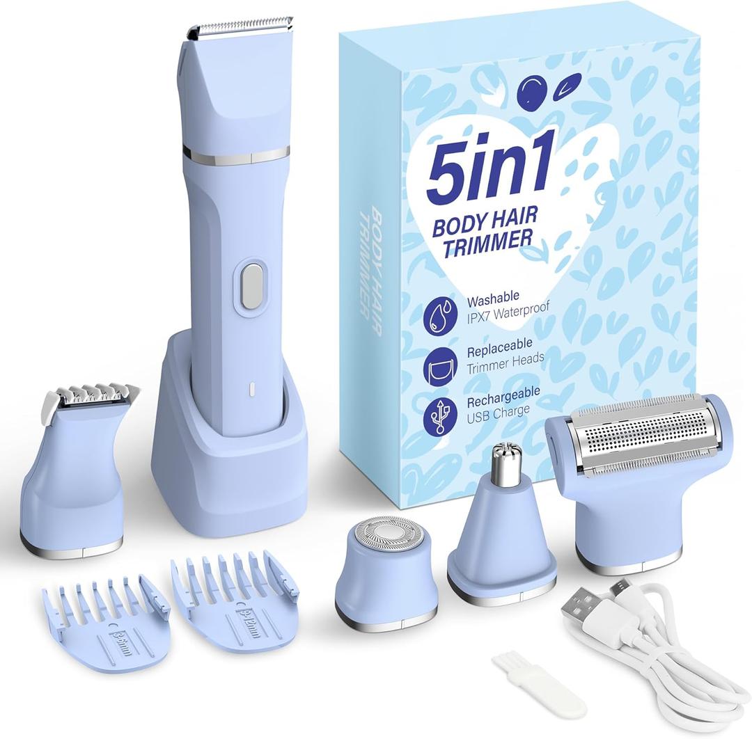 KINGTEE 5-in-1 Electric Bikini Trimmer for Women  IPX7 Waterproof Shaver, Cordless Body & Facial Razors for Women, Ceramic Blades, USB-C Rechargeable, Painless Hair Removal Kit (Blue)