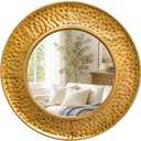 24 Inch Round Wall Mirror, Hammered Antique Gold Metal Frame, Vintage Decorative Circle Mirror for Bathroom Vanity, Living Room, Entryway, Farmhouse Wall Decor