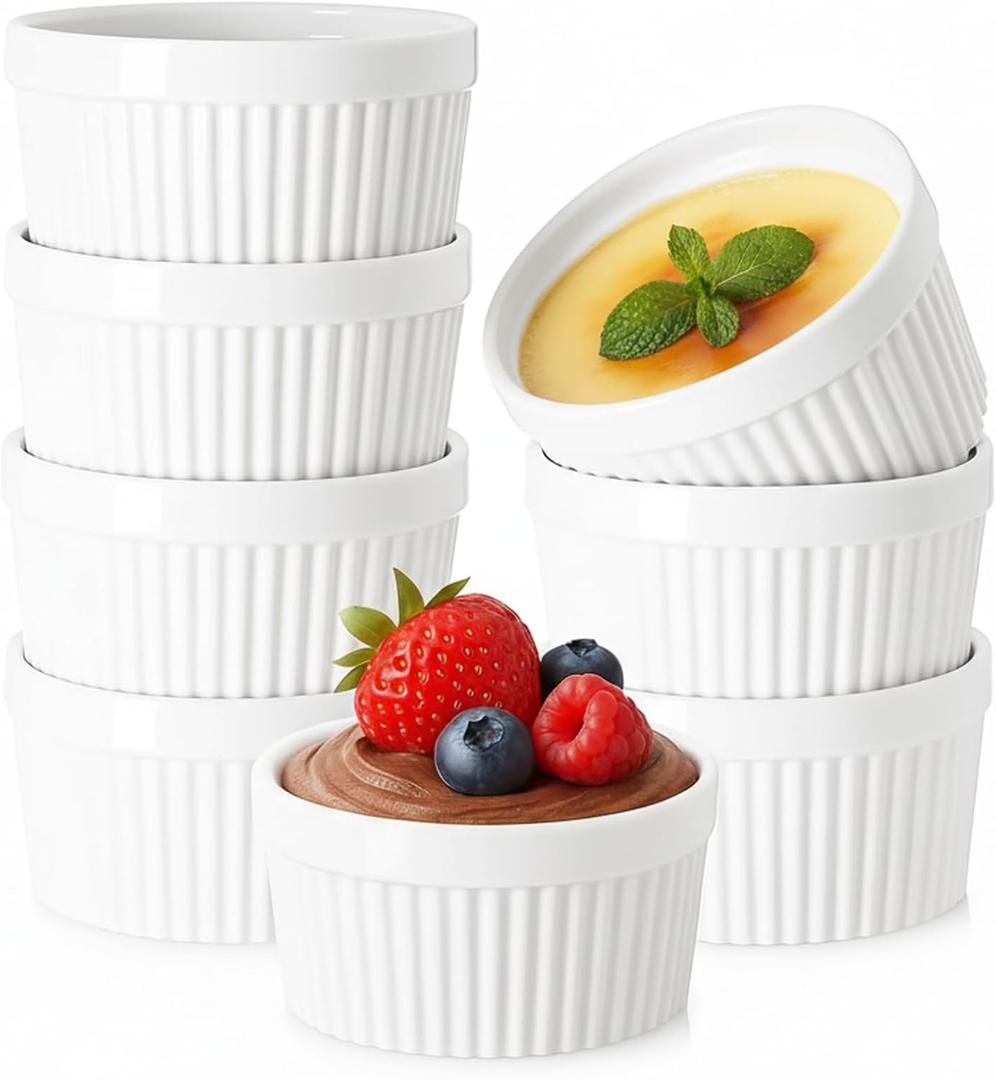 Ramekin Bowls 8OZ,WERTIOO 8 PCS Bakeware Set for Baking and Cooking, Oven Safe Sleek Porcelain Ramikins for Pudding, Creme Brulee, Custard Cups and Souffle Small instant table tray