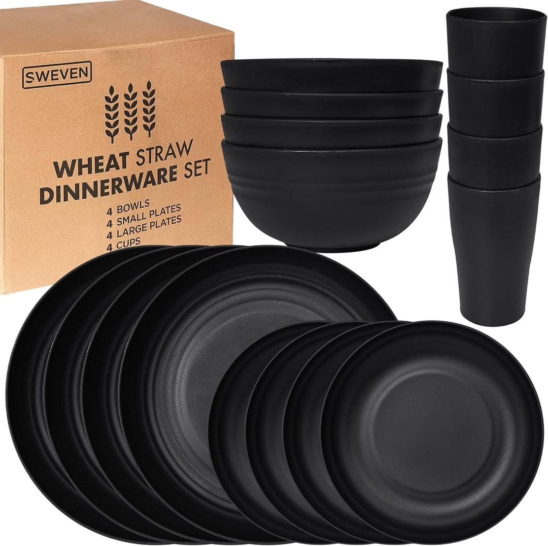 Wheat Straw Dinnerware Sets | Unbreakable Dinnerware Sets | Dishwasher Microwave Safe Dinnerware | Eco Friendly Non Breakable Dinnerware Sets | RV Outdoor Camping Black, Service for 4 (16 pcs)
