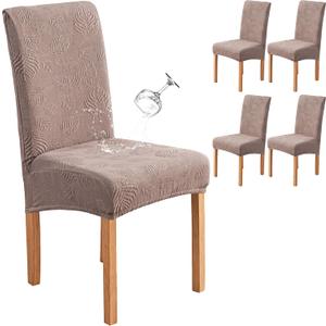 Genina Waterproof Dining Chair Covers Set of 4,Stretch Dining Room Chair Slipcovers with Leaf Jacquard,Removable Kitchen Chair Protector for Home,Restaurant,Banquet-Taupe,Large Size