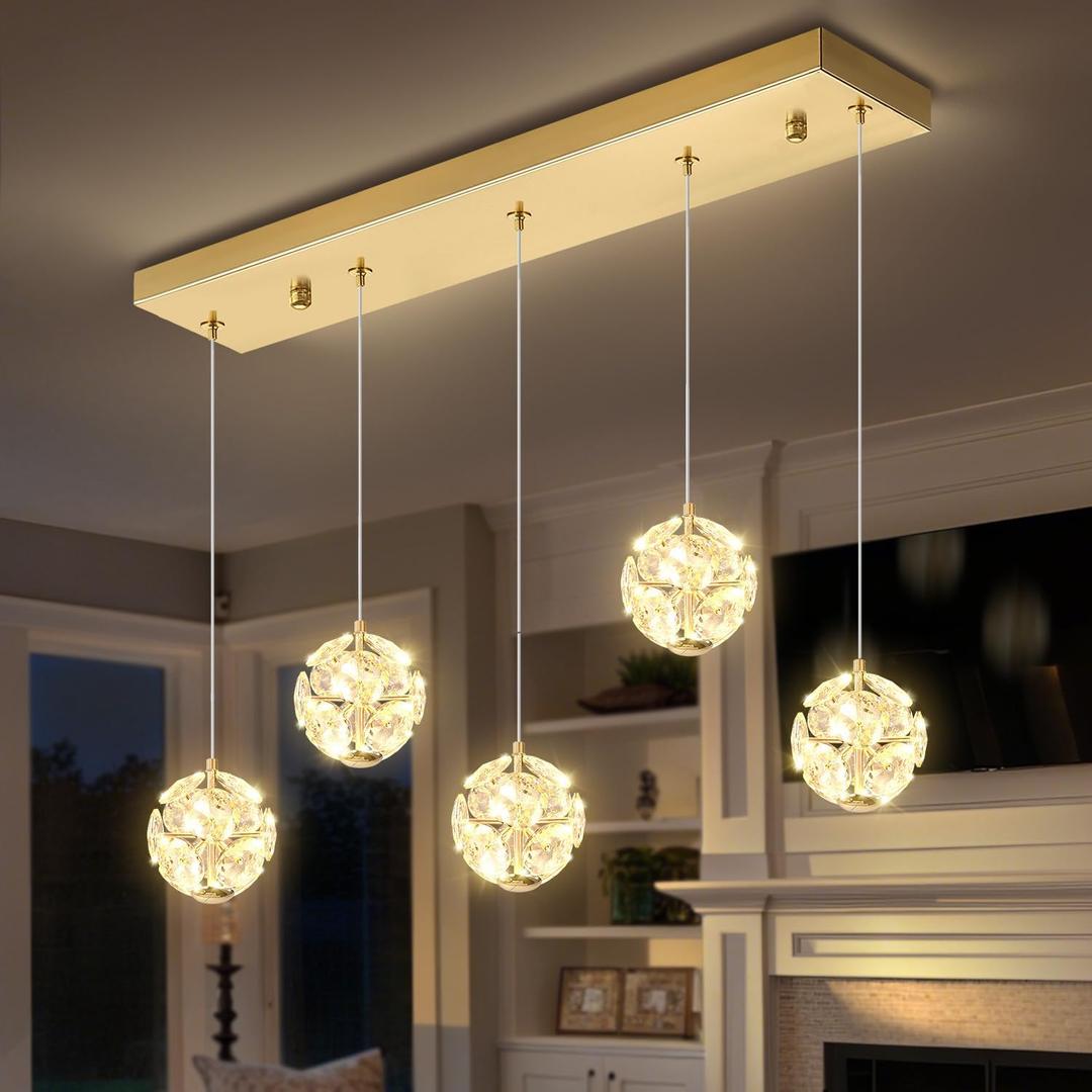 5-Lights Crystal Globe Pendant Light Kitchen Island Gold Linear Chandeliers for Dining Room,LED Dimmable Globe Chandelier for Kitchen Living Room Foyer