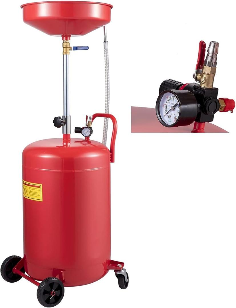 VEVOR Oil Drain Container, 20 Gallon Waste Oil Drain Tank, Portable Oil Lift Drain Pan Air Operated Drainer, Fluid Fuel Drainage Adjustable Funnel Height with Pressure Regulating Valve & Wheel