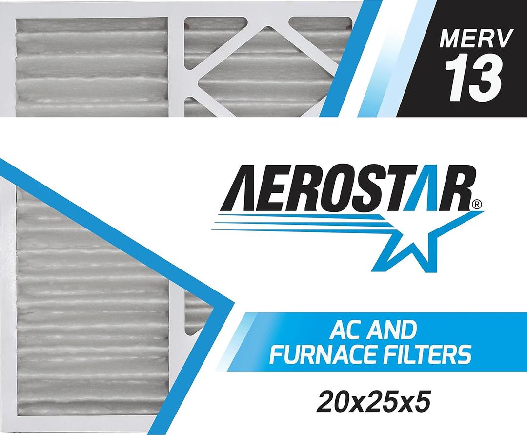 Aerostar 20x25x5 MERV 13 - 2 Count - Pleated HVAC, Furnace & Air Conditioner Filters - Removes Bacteria, Dust, Cold & Flu Germs, Lint, Mold, Pet Dander, Allergy-Causing Pollen, Smog, Smoke & Viruses
