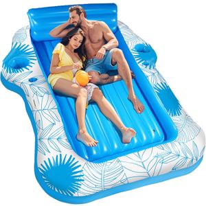 Inflatable Pool Lounger Float for Adults - JIANYHW X-Large Beach Sun Tan Tub Pool Lounge Raft Sunbathing Pool Floaties with 2 Food/Drink Holder, Blow Up Tanning Pool Bed Floating Mat
