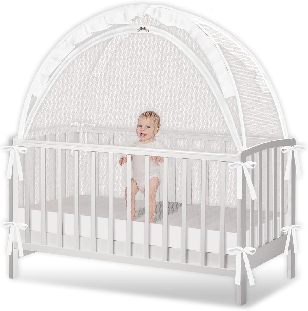 Crib Tent - Crib Net to Keep Baby in, Stop Baby from Climbing Out of Crib, Pop Up Baby Crib Tent with Durable Breathable Net Double Zipper Strong Rods Installation Convenience (Large, White)