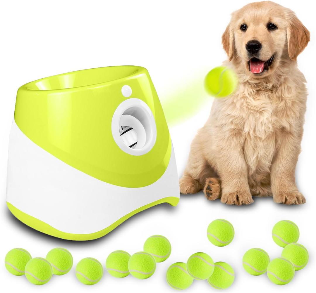 Automatic Dog Ball Launcher, Dog Ball Thrower Machine with 10-30Ft 3 Launching Distance, Interactive Toys for Small Dogs Indoor & Outdoor with 15 Mini Tennis Balls-2 Inch Light Green