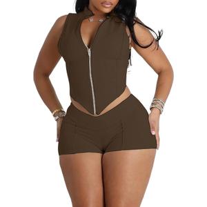Ophestin 2 Piece Going Out Sets for Women Sexy Zip Up Crop Tank Top Bodycon Biker Shorts Set Club Gym Outfits (Large, Brown)