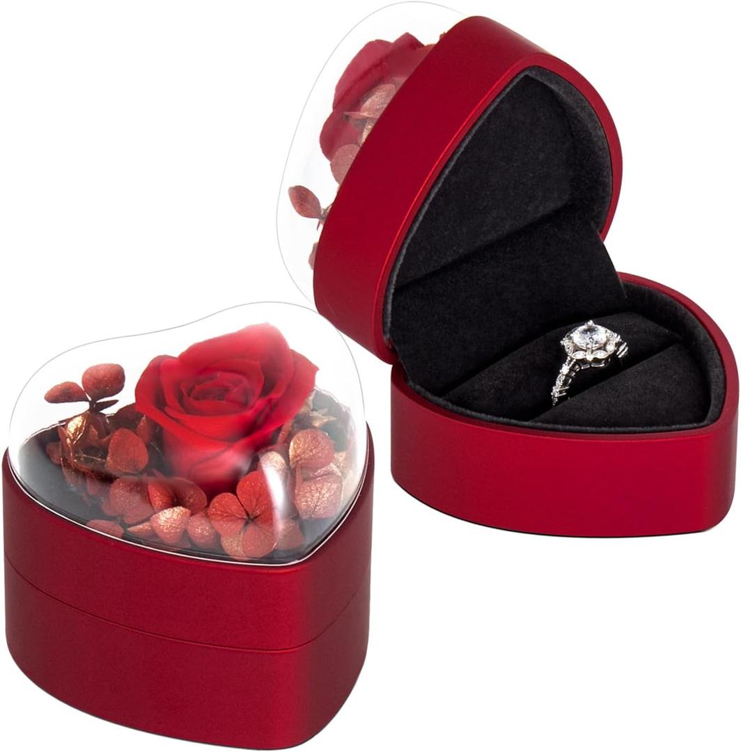 Engagement Ring Box for Proposal Promise, Eternal Flowers Rose Gifts for Valentines' Day, Heart Shaped Red Ring Box
