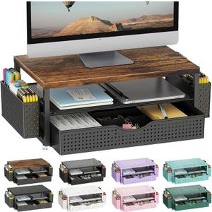 Gianotter Wood Monitor Stand Riser, Office Desk Shelf Organizer, Desk Organizer with Drawer and Pen Holder, 2-Tier Computer Stand, Office Organization (Wood)