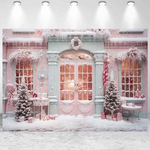 10x8ft Pink Christmas Backdrop Snow Scene Xmas Trees Candy Cane Photography Background Merry Christmas Party Banner Decorations Women Girls Portraits Photo Studio Props