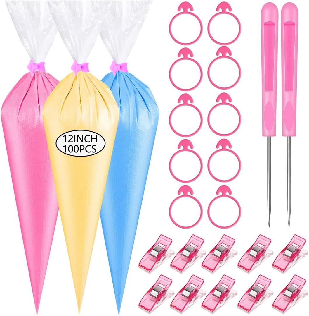 122PCS Tipless Piping Bags Disposable Pastry Bag 12 Inch 100PCS Icing Bags, 10 PCS Frosting Bag Clips, 2 Scriber Needle and 10 PCS Pastry Bag Ties for Cookies Cake Decorating