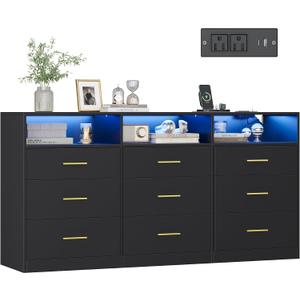 VASAGLE Dresser for Bedroom, with LED Lights and Power Strip, 9 Drawers