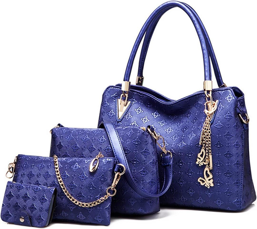 Pahajim Women Fashion Handbags set 4pcs PU Leather shoulder Bags Tote Bags Wallets Butterfly Chain Accessories (Blue)