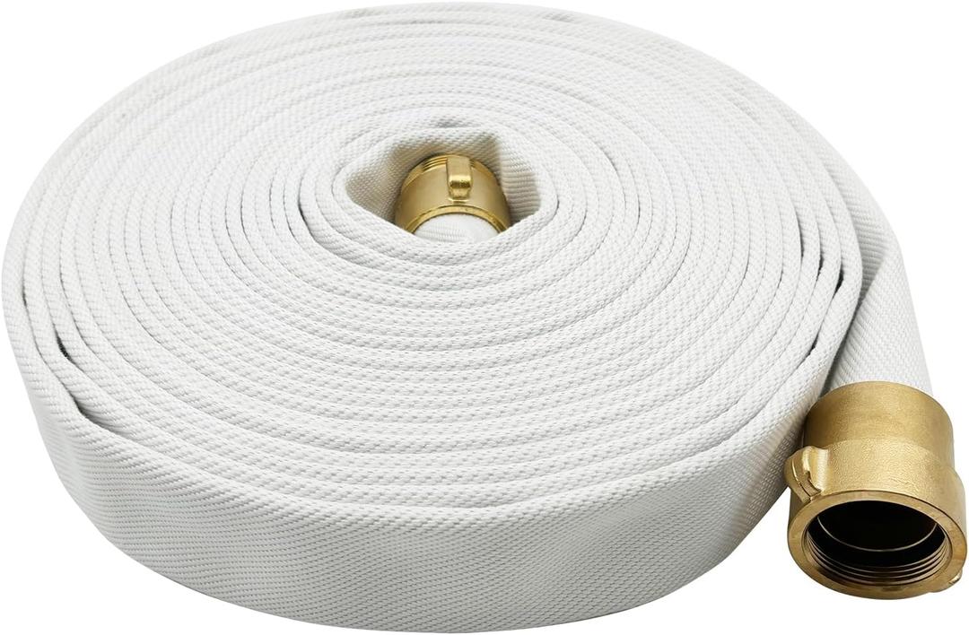 Fire Hose, White, 2 inches x 100' Lay Flat Heavy Duty Backwash/Discharge Firehose, NPSH/NPT Brass Connectors (2” NPSH/NPT-100FT)