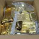 BESTVIP 600PCS Clear Gold Dinnerware Set for 100 Guests, Plastic Plates for Party, Christmas and New Year, 100 Disposable Plates, 100 Dessert Plates, 100 Cups, 100 Spoons, 100 Forks and 100 Knives