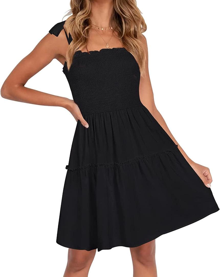 ZESICA Women's 2026 Summer Spaghetti Strap Sleeveless Square Neck Ruffle A Line Swing Mini Dress (Black, M)