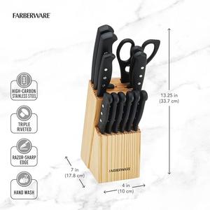 Farberware 12-Piece Never Needs Sharpening Triple Rivet High-Carbon Stainless Steel Knife Block, Black, Durable ANDPrecision Cutlery