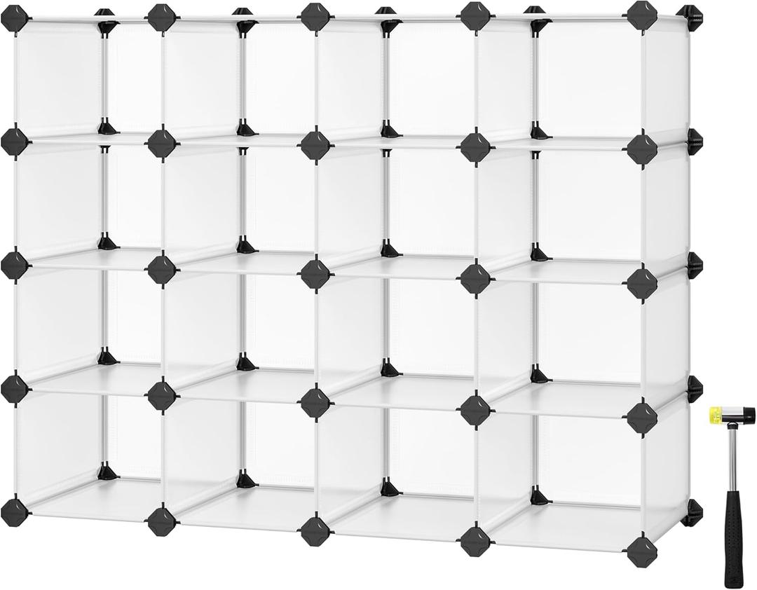 SONGMICS Shoe Rack with 16 Cubes, Interlocking Plastic Shoe Organizer, DIY Storage Cabinet for Closet Entryway Bedroom Garage, Space Saving Design, 12 x 35.1 x 27.2 Inches, Transparent ULPC445W02