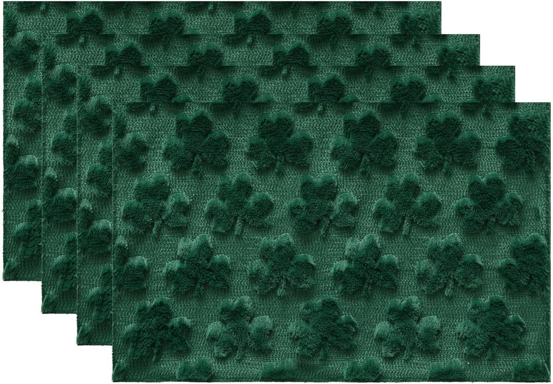 Artoid Mode Shamrock St.Patrick's Day Placemats Set of 4, 12x18 Inch Soft Plush Faux Fur Wool Holiday Table Mats for Party Kitchen Dining Decoration