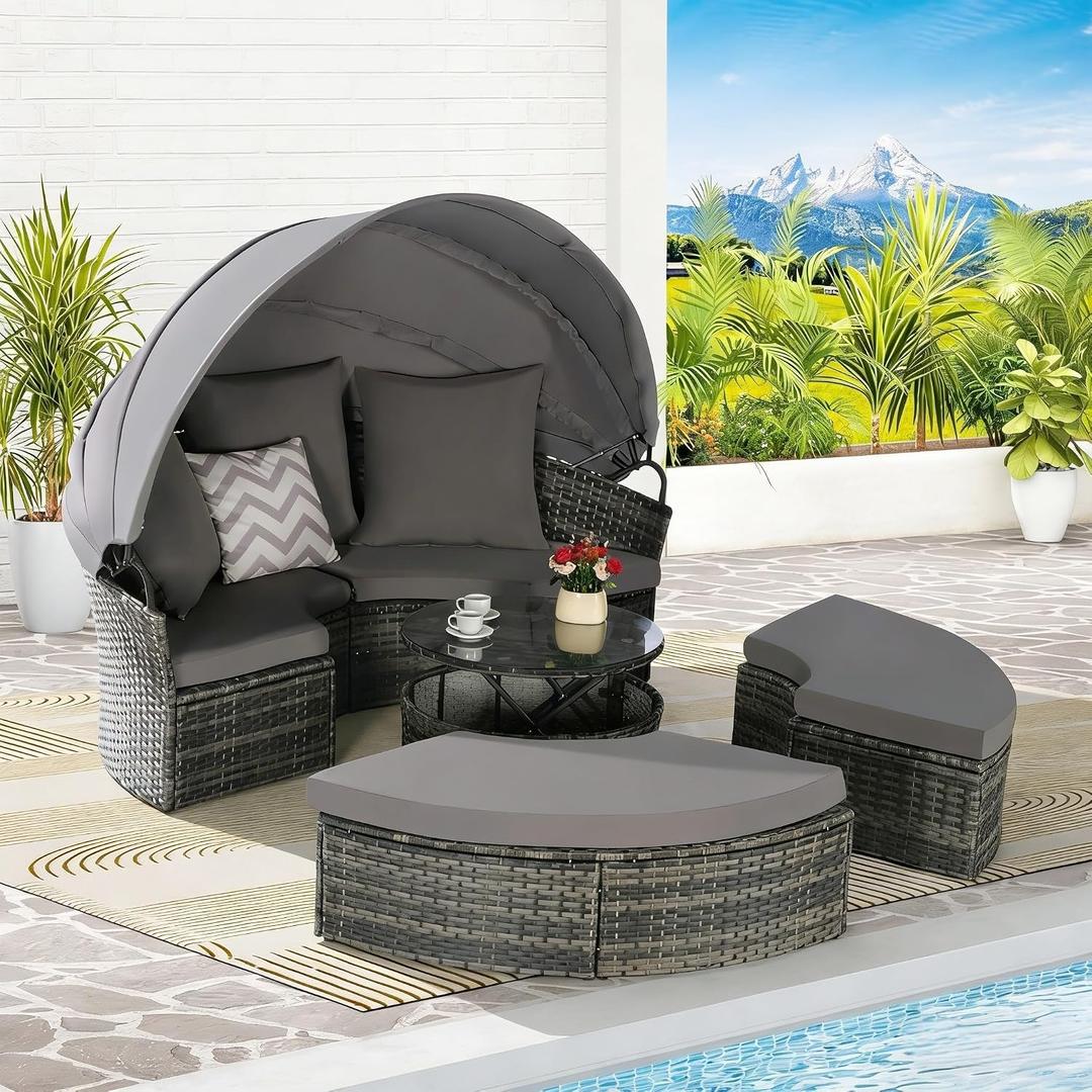 KEIKI Outdoor Patio Round Sleeper Couch Daybed with Center Table, Retractable Canopy, Cushions & Pillows, Wicker Rattan Sun Day Sofa Bed Reclining Lounger for Backyard, Poolside, Large