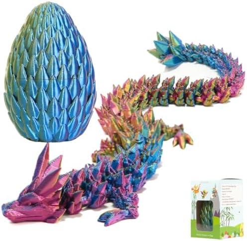 POIVOCF 3D Printed 12” Articulated Crystal Dragon Inside 5.1” Egg – Fantasy Collectible, Fidget Toy & Stocking Easter Basket Stuffers for Home & Office Decor (Multicolor).