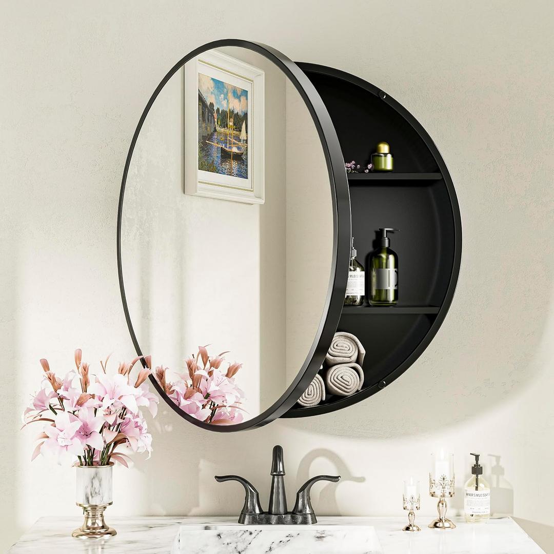 Keonjinn 28 x 28 Inch Round Black Mirror Medicine Cabinet Wall Mounted, Circular Modern Medicine Cabinet with Mirror, Black Framed Medicine Cabinets with Mirror, Vanity Bathroom Mirrors with Storage