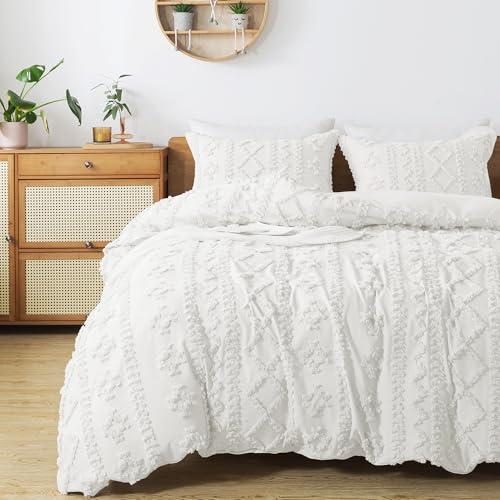 HYLEORY Boho Duvet Cover Queen Size Breathable Tufted Duvet Cover Set for All Seasons, 3 Pieces Bedding Duvet Cover with Zipper Closure, 1 Duvet Cover (90"x90") and 2 Pillow Shams, NO Comforter, White