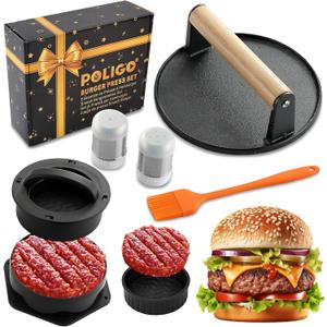 POLIGO 5PCS Smash Burger Press Kit - 4 in 1 Hamburger Patty Storage Containers,6.69" Round Cast Iron Smash Bacon Press- Non Stick Smash Burger Press Set for Grill and Griddle Cooking