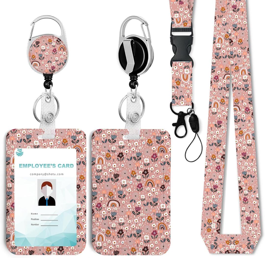 2 x Retro Rainbow Id Badge Holder with Lanyard,Retractable Badge Holders Reels,Breakaway Lanyards for ID Badges,Cute Fashion Key Chain Keychains,Badge Clips for School Office