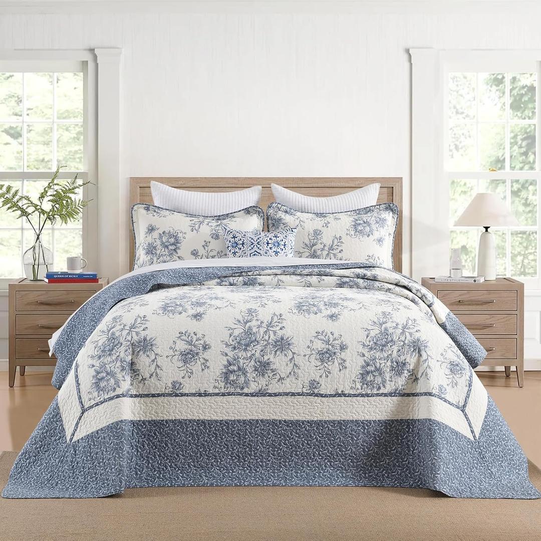 Oversized King Bedspreads 128"x120", 100% Cotton Floral California King Quilt Extra Large Coverlet, Lightweight Farmhouse Quilted Bedding Set 3 Piece, Blue/Cream White