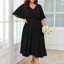 SCOMCHIC Women Plus Size Midi Dresses Wedding Guest Short Sleeve V Neck Tie Waist Casual Summer Flowy A Line Dress (Black, XXXL)