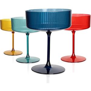 Ciaell 12PCS Plastic Ribbed Martini Glasses - 10 Oz Colored Disposable Coupe Glasses with Stem - Heavy Duty Margarita Cups for Bars, Cocktails, Whiskey, Parties & Wedding