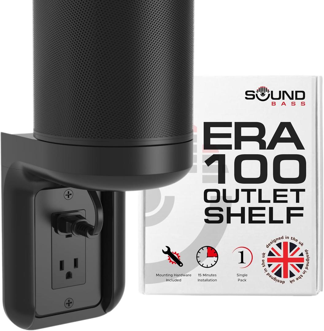 Sound Bass ERA100 Shelf Wall Outlet AC, Black, Home, Compatible with Sonos ERA 100, Plug Mount Organizer, Bathroom, Kitchen, Bedrooms, Cord Management, Easy Installation, Mounting Kit Included