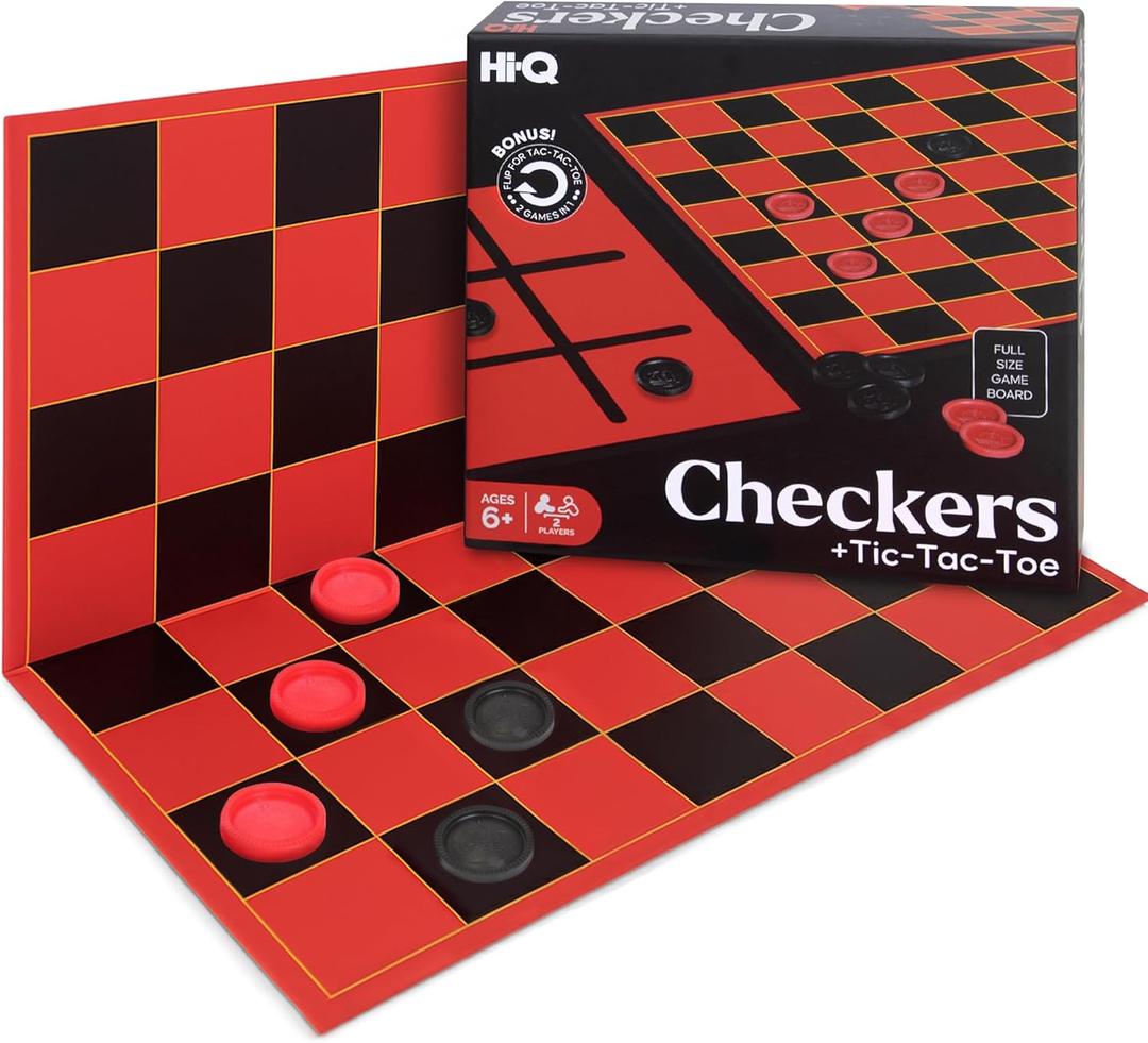 HI-Q Checkers & Tic-Tac-Toe Board Game Set – Classic Strategy for Kids & Family – Features Interlocking Stacking Pieces & Folding Board – Ages 6+